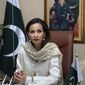 ** FILE ** In this March 31, 2008, file photo, Pakistan&#39;s former Information Minister Sherry Rehman is seen in her office in Islamabad, Pakistan. Rehman is Pakistan&#39;s ambassador to the United States. (AP Photo, file)