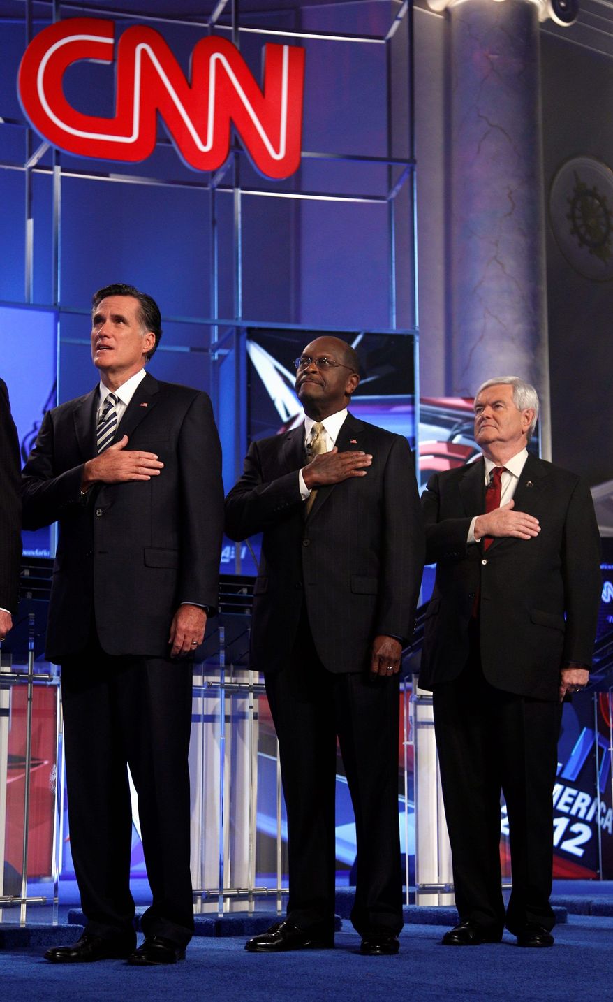 To become the GOP standard-bearer, Mr. Santorum must leapfrog past rivals (from left) Mitt Romney, Herman Cain and Newt Gingrich. (Associated Press)