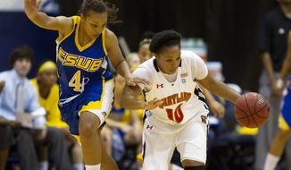 CS-Bakersfield&#39;s Ciarra Ford pressures Maryland&#39;s Anjale Barrett as she brings the ball down court during the second half, Saturday, Nov. 26, 2011, in Miami. Maryland won 114-83. (AP Photo/J Pat Carter)