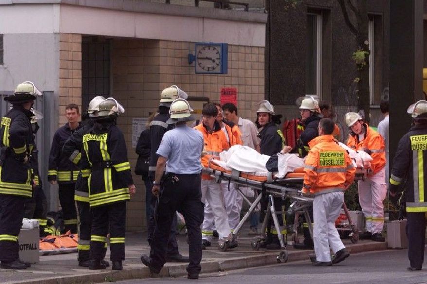 Ten immigrants from the former Soviet Union, six of them Jewish, were injured in an explosion that tore through the entrance tunnel to a central Duesseldorf commuter train station on July 27, 2000. (Associated Press)