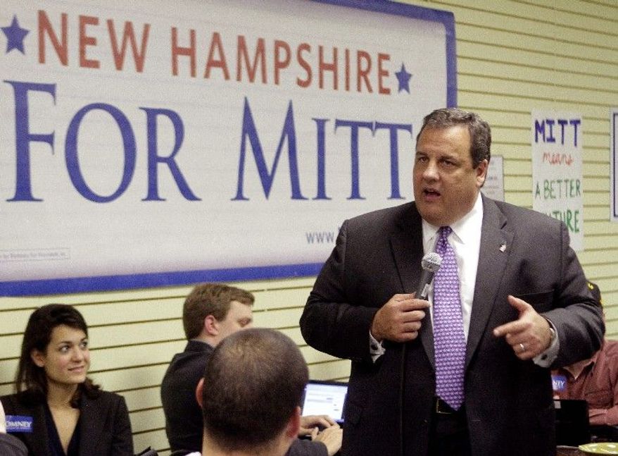 New Jersey Gov. Chris Christie, a Republican, campaigns for GOP presidential hopeful Mitt Romney in Manchester, N.H., on Nov. 9. Surrogates such as Mr. Christie have been scarce thus far this election cycle, partly because voters want to meet the candidates themselves.  (Associated Press)