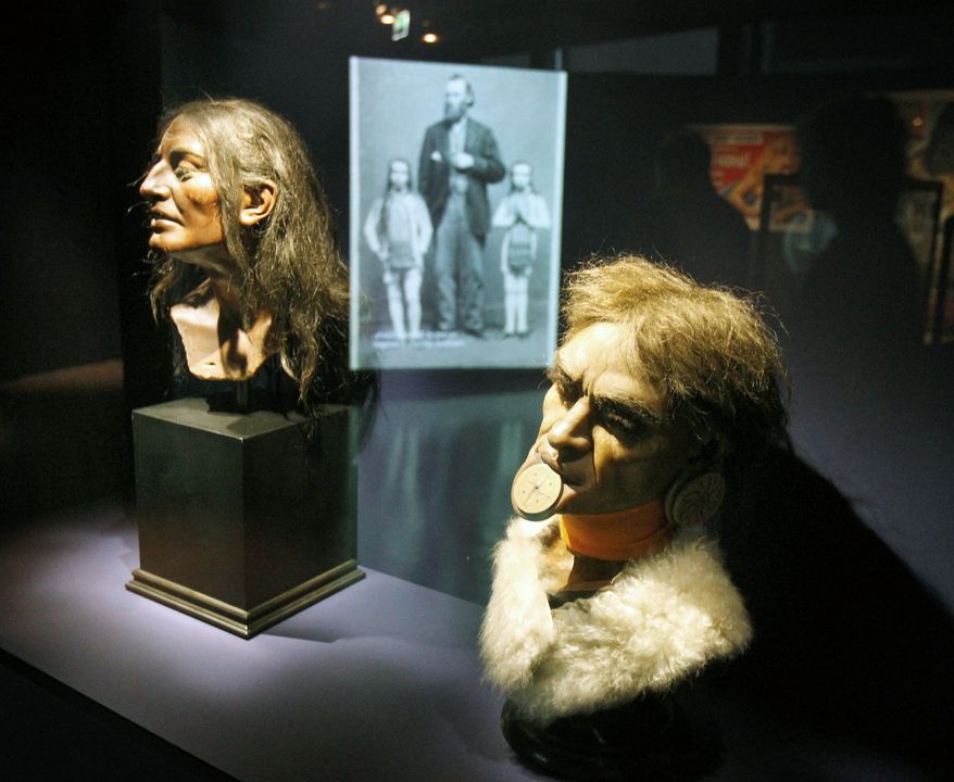 Nineteenth century models of heads of a Botoduco man are shown at the Quai Branly museum in Paris. Zulus were put on display at Buckingham Palace. Paris' Jardin d'Acclimatation, today one of the French capital's most popular amusement parks, once hosted human "zoos." (Associated Press)