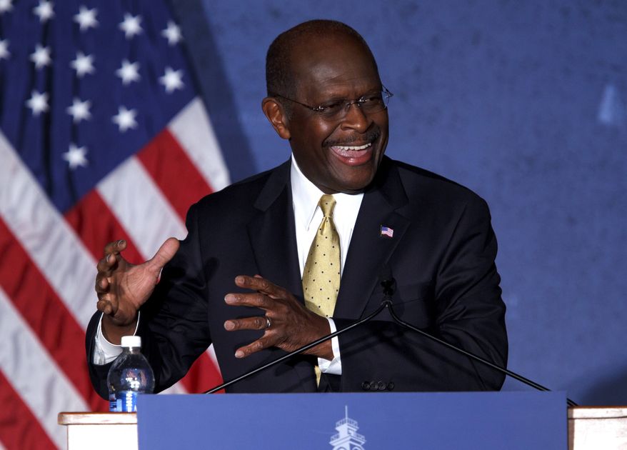 Republican presidential candidate Herman Cain speaks at Hillsdale College in Hillsdale, Mich., Tuesday, Nov. 29, 2011. (AP Photo/Rick Osentoski)