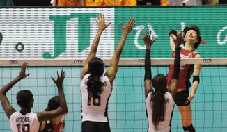 Japan Tobacco&#39;s ties to professional volleyball teams and the ongoing World Cup tournament for women have prompted local and international opposition and a call to stop the association. (Christopher Johnson/Special to The Washington Times)