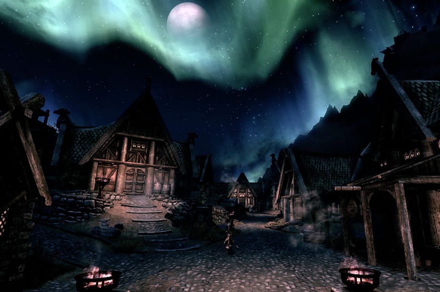 Beautiful backdrops are routine in the video game The Elder Scrolls V: Skyrim.