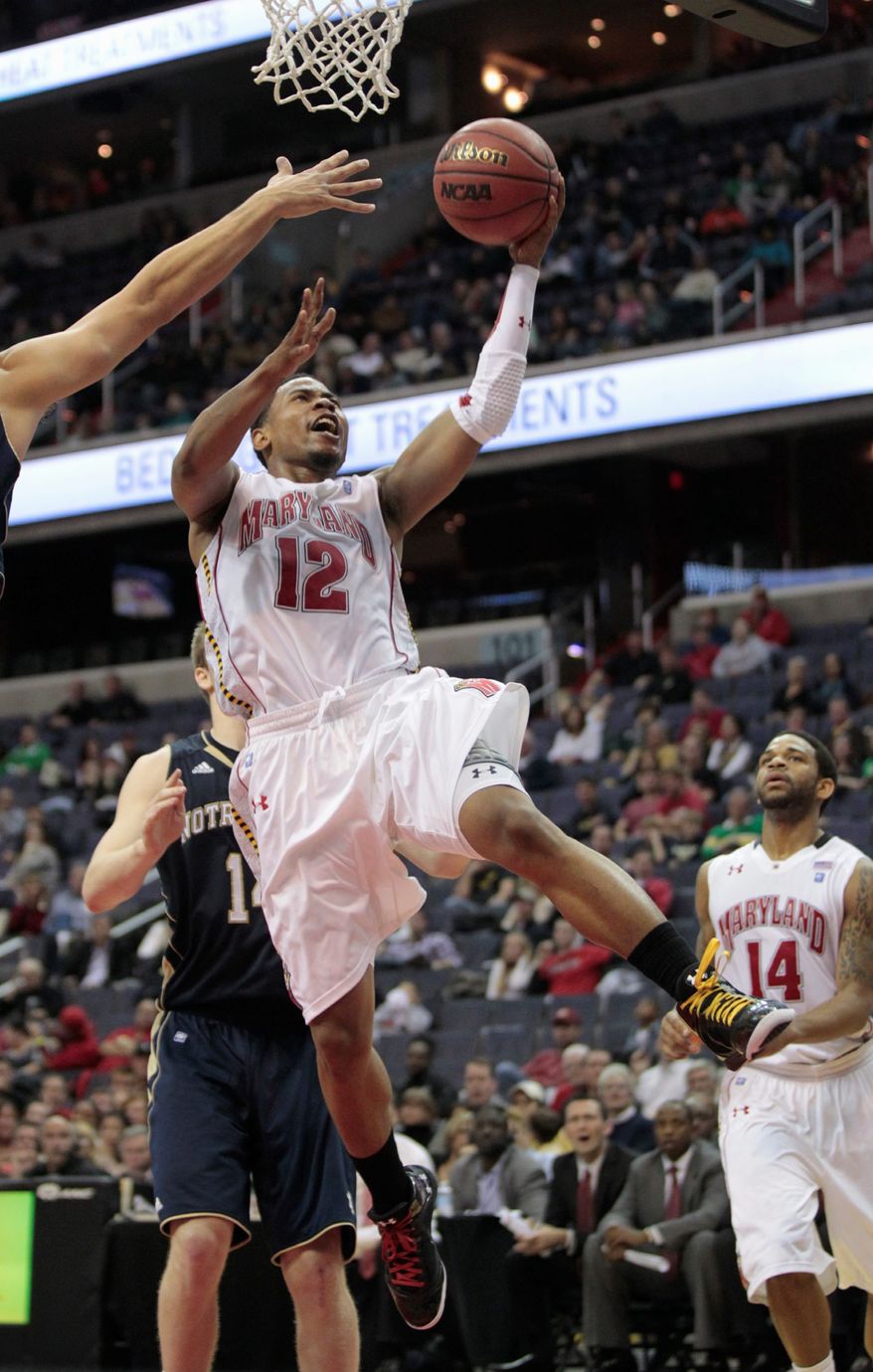 Maryland's Terrell Stoglin shoots the ball during first half against Notre Dame at the BB&T Classic in Washington, Sunday, Dec. 4, 2011. Maryland won 78-71, and Stoglin had 31 points. (AP Photo/Luis M. Alvarez)