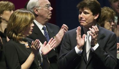 ** FILE ** In this Jan. 13, 2003, file photo, Illinois&#39; first lady Patti Blagojevich, left, applauds with her father, Richard Mell, center, during inauguration day ceremonies for her husband, Gov. Rod Blagojevich, in Springfield, Ill. Blagojevich, convicted on 18 counts of corruption in June 2011, is scheduled to appear in federal court in Chicago, Tuesday, Dec. 6, 2011, for the start of his sentencing hearing. (AP Photo/Charles Rex Arbogast, File)