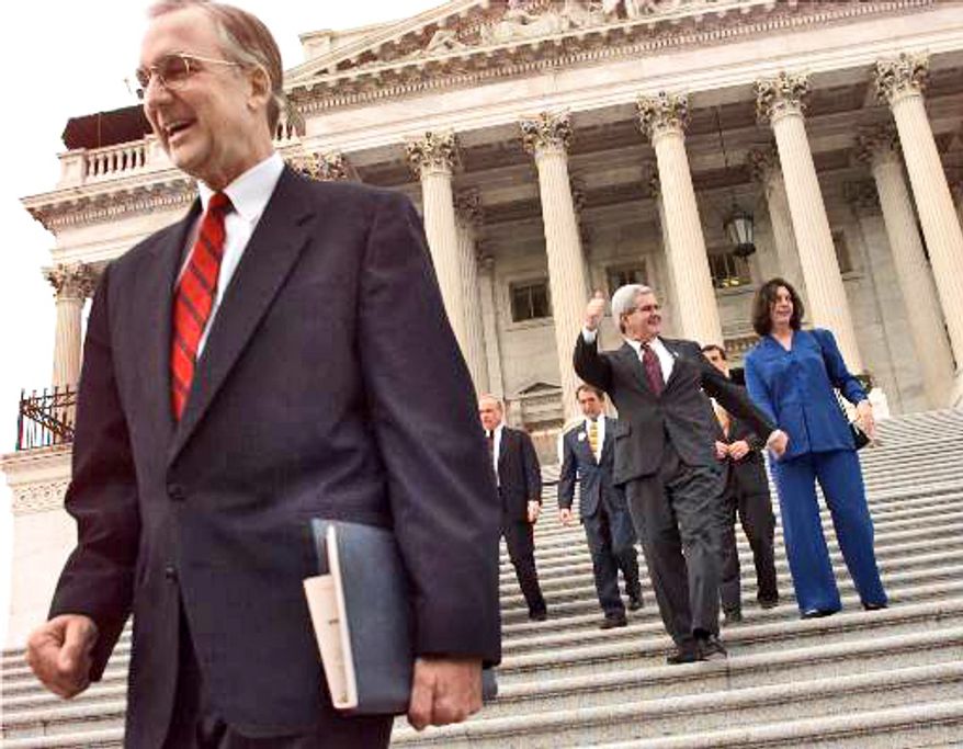 ** FILE ** Rep. Bob Livingston (left), followed by outgoing House Speaker Newt Gingrich and his wife, Marianne, walks down the steps of the Capitol in Washington on Wednesday, Nov. 18, 1998. The men were going to a meeting at which Republicans were to choose their leadership for the 106th Congress. (AP Photo/Pablo Martinez Monsivais, File)