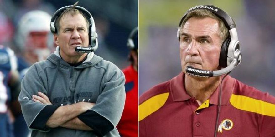 Mike Shanahan has 164 victories, second among active NFL coaches to Bill Belichick, who has 186. The two will meet Sunday when the Redskins and Patriots clash at FedEx Field. (Associated Press)/(Andrew Harnik/The Washington Times)