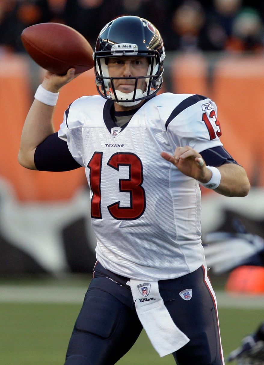 Houston Texans quarterback T.J. Yates (13) passes against the Cincinnati Bengals in the second half of an NFL football game on Sunday, Dec. 11, 2011, in Cincinnati. Houston won 20-19. (AP Photo/David Kohl)