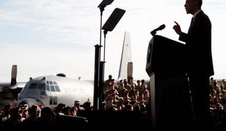 President Obama speaks to returning troops at Fort Bragg, N.C., Wednesday, about the end of the Iraq war with the withdrawal of all U.S. forces at the end of this month. &quot;Our commitment [to you] doesn&#39;t end when you take off the uniform,&quot; Mr. Obama said. (Associated Press)