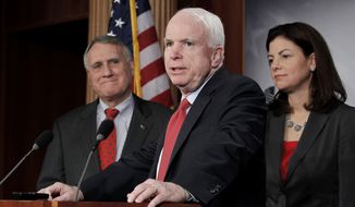 **FILE** Sen. John McCain (center), Arizona Republican and ranking Republican on the Senate Armed Services Committee, flanked by Senate Minority Whip Jon Kyl (left), Arizona Republican, and fellow committee member Sen. Kelly Ayotte, New Hampshire Republican, speaks Dec. 14, 2011, during a news conference on Capitol Hill to announce an effort to replace the defense sequester mandated as a result of the supercommittee&#39;s failure. (Associated Press)