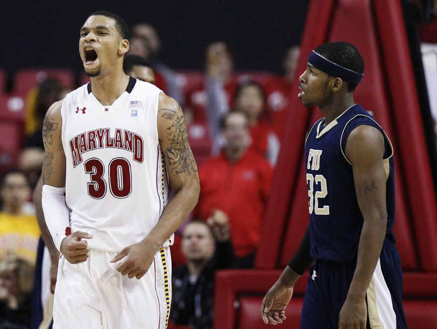 Maryland forward Ashton Pankey after drawing a foul shot attempt in the second half against Florida International University in College Park, Md., Wednesday, Dec. 14, 2011. Pankey had 13 points in Maryland's 65-61 win. (AP Photo/Patrick Semansky)