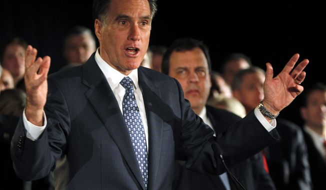 **FILE** Republican presidential candidate former Massachusetts Gov. Mitt Romney, left, gestures during a speech as New Jersey Gov. Chris Christie listens at a fundraising event in Parsippany, N.J., Monday, Dec. 12, 2011. (AP Photo/Rich Schultz)