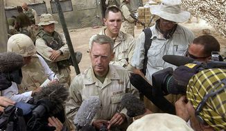 Maj. Gen Jim Mattis tells media at the camp of CSSG 11 ( Combat Service Support Group ) near Baghdad that the 1st Marine Division crossed into Baghdad over blown bridges over the Diyala River after 8th ESB spanned the damaged sections with bridging equipment in Baghdad, Iraq Tuesday, April 8, 2003. ( J.M. Eddins Jr. / The Washington Times )