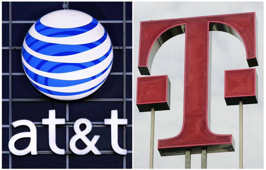 FILE - In this March 20, 2011 file photo combo, shows the logos of the communications company AT & T and Deutsche Telekom. AT&T said Monday, December 19, 2011, it is ending its attempted purchase with T-Mobile USA. (AP Photo/dapd, Seth Perlman, Roberto Pfeil)
