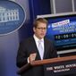 White House press secretary Jay Carney speaks during his daily briefing on Monday, Dec. 19, 2011, in the White House&#x27;s Brady Briefing Room in Washington. (AP Photo/Haraz N. Ghanbari)