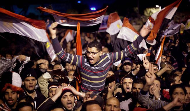 Anti-government protesters in Cairo&#x27;s Tahrir Square react to a televised statement on Feb. 10, 2011, by Egyptian President Hosni Mubarak, who stepped down the following day. His departure and that of Tunisia&#x27;s Zine el-Abidine Ben Ali have some seeing the twilight of U.S. influence in the Middle East and others seeing new opportunities. (Associated Press)
