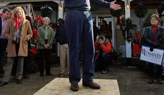 Former Massachusetts Gov. Mitt Romney, a Republican presidential candidate, gets up on his soapbox to deliver a stump speech during a campaign stop at a feed store in Lancaster, N.H., on Thursday. (Associated Press)