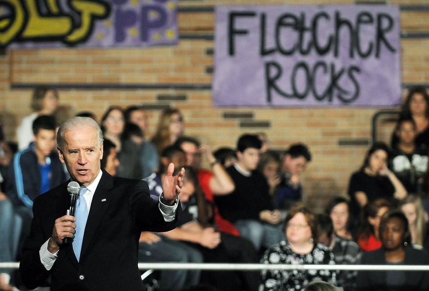 "Right now, there are no real incentives to dissuade colleges and universities from continuing to raise tuition. It's not going to be easy, but there's no excuse for complacency," Vice President Joseph R. Biden told high school students in Florida this month. (Florida Times-Union via Associated Press)