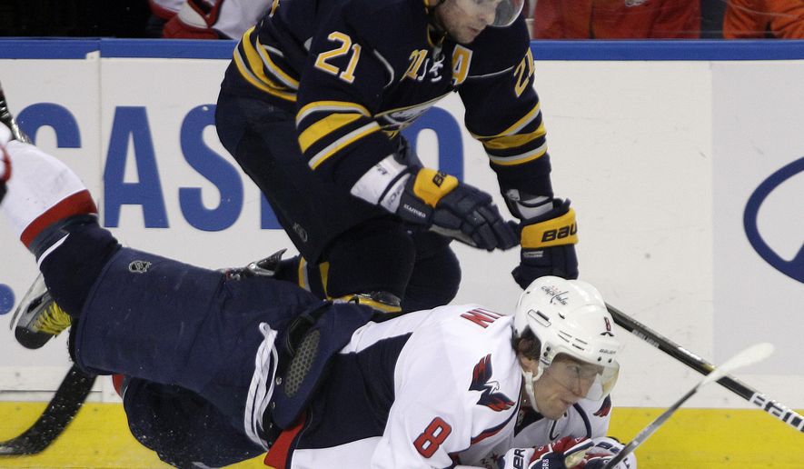 Buffalo Sabres&#39; Drew Stafford (21) scrambles for the puck with Washington Capitals&#39; Alex Ovechkin (8) during the first period of an NHL game in Buffalo, N.Y., Monday, Dec. 26, 2011. (AP Photo/David Duprey)