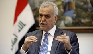** FILE ** Iraqi Vice President Tariq al-Hashemi speaks during an interview with the Associated Press near Sulaimaniyah, Iraq, 160 miles northeast of Baghdad, on Friday, Dec. 23, 2011. (AP Photo/Karim Kadim)