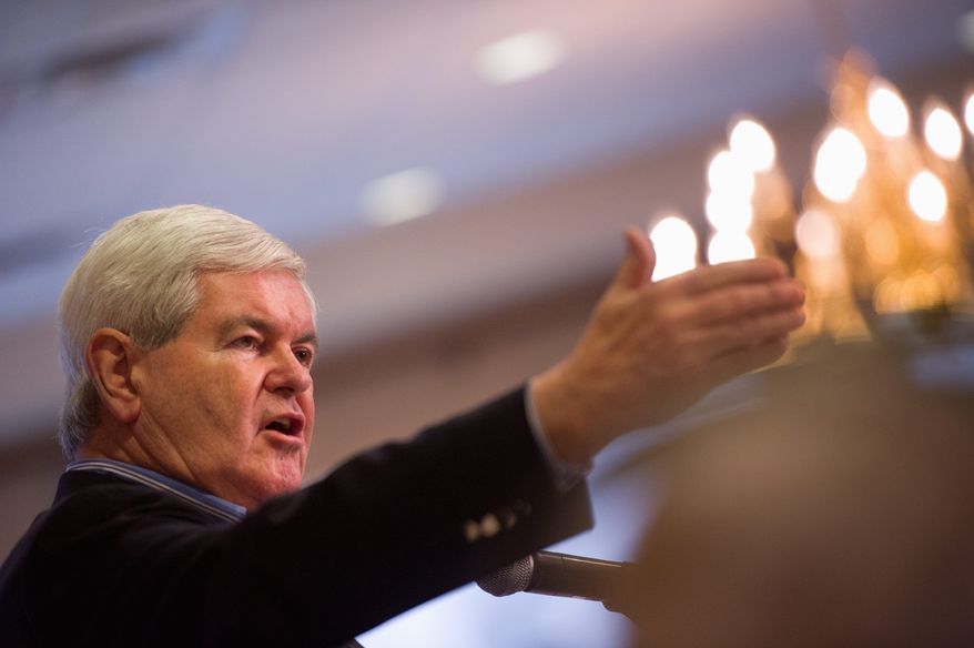 Former Speaker of the House Newt Gingrich speaks to the Dubuque Rotary Club on Tuesday. The GOP White House hopeful called for a one-on-one debate with his chief rival for the party's nomination prior to the Jan. 3 Iowa caucuses. (Andrew Harnik/The Washington Times)
