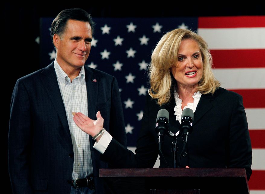Mitt Romney, shown with his wife, Ann, says he would back any Republican nominee challenging President Obama - including Texas Rep. Ron Paul. Fellow Republican challenger Newt Gingrich said he felt he could not support Mr. Paul. Mrs. Romney confirmed reports that she was the one who had to talk her husband into running for president again. (Associated Press)