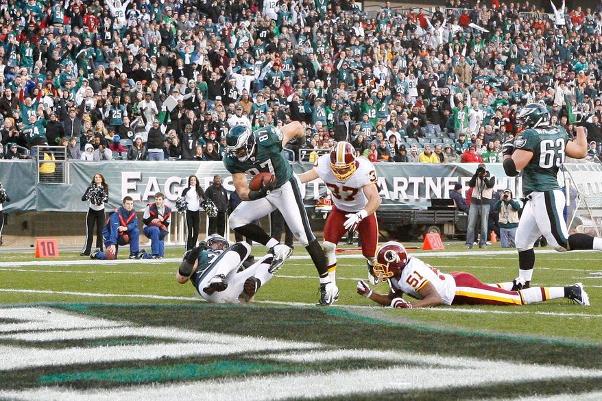 Eagles tight end Brent Celek leaves Redskins defenders Reed Doughty (37) and Keyaron Fox (51) in his wake while scoring on a 4-yard pass in Philadelphia's 34-10 win. (Associated Press)