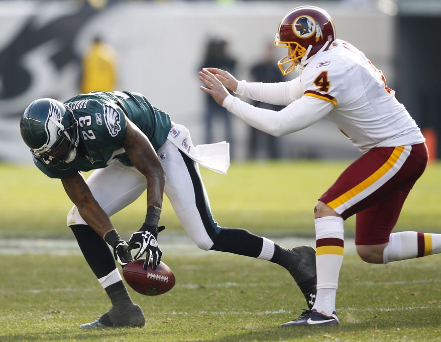 Philadelphia Eagles cornerback Dominique Rodgers-Cromartie (23) recovers a blocked field goal as Washington Redskins kicker Graham Gano (4) pursues during the first half, Sunday, Jan. 1, 2012, in Philadelphia. (AP Photo/Mel Evans)