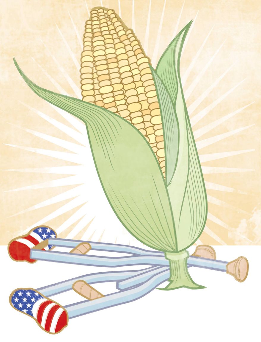 Illustration: The corn crutches by Linas Garsys for The Washington Times
