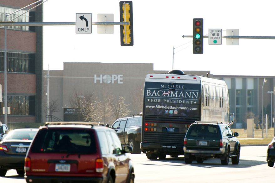 Rep. Michele Bachmann departs from West Des Moines, Iowa, on her campaign bus on Wednesday, Jan. 4, 2012, following her announcement that she will end her bid for the Republican presidential nomination after finishing sixth in Tuesday's Iowa Republican caucuses. (Andrew Harnik/The Washington Times)