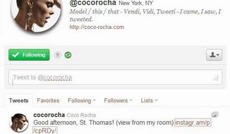 Coco Rocha communicates with her fans by using Twitter. Models are using social media in order to build their own profiles. (Associated Press)