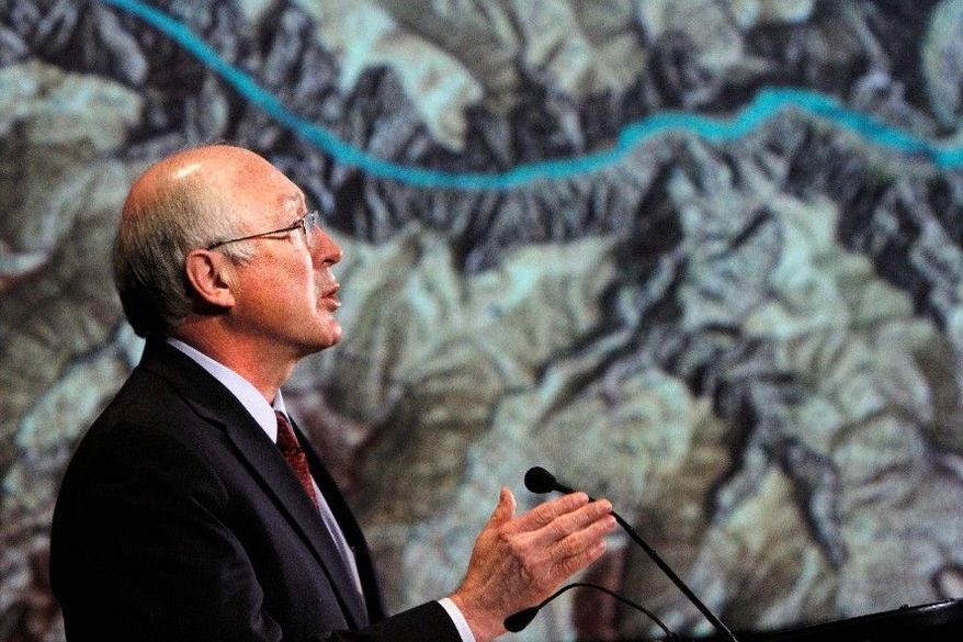 ** FILE ** Interior Secretary Kenneth L. Salazar stands in front of a map of the Grand Canyon as he announces a 20-year ban on new mining claims. (Associated Press)
