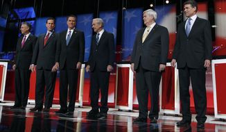 ** FILE ** Six candidates vying for the Republican presidential nomination — (from left) former Utah Gov. Jon Huntsman, former Pennsylvania Sen. Rick Santorum, former Massachusetts Gov. Mitt Romney, Texas Rep. Ron Paul, former House Speaker Newt Gingrich and Texas Gov. Rick Perry — are introduced before a GOP presidential candidate debate at the Capitol Center for the Arts in Concord, N.H., on Sunday, Jan. 8, 2012. (AP Photo/Charles Krupa)