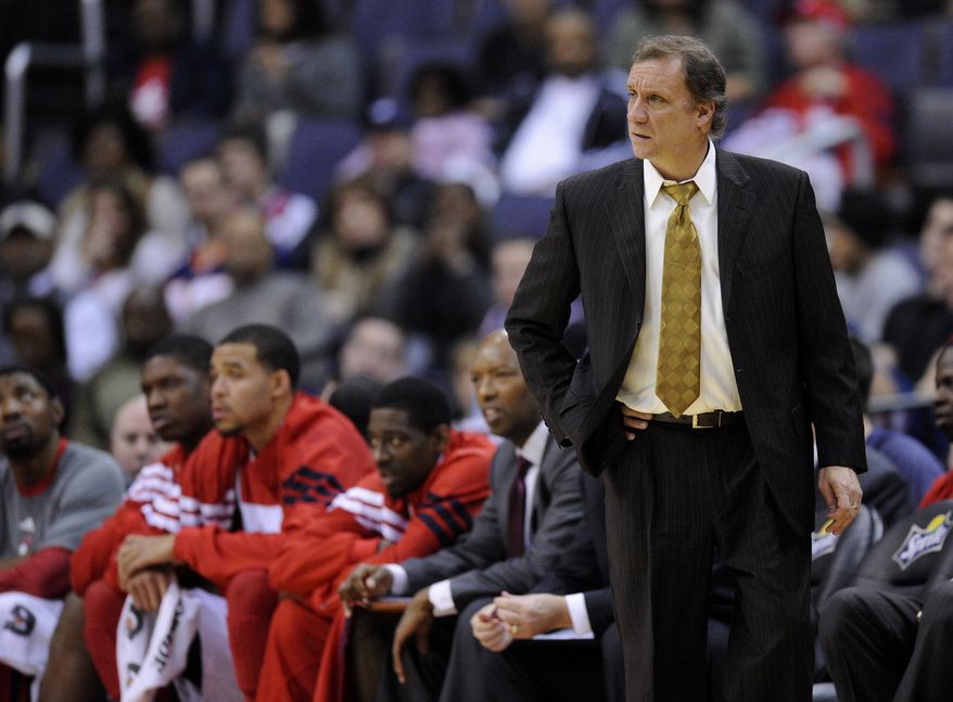 Washington Wizards head coach Flip Saunders looks on during the second half against the Minnesota Timberwolves, Sunday, Jan. 8, 2012, in Washington. Minnesota won 93-72. (AP Photo/Nick Wass)