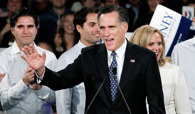 ** FILE ** Former Massachusetts Gov. Mitt Romney waves to supporters at the Romney for President New Hampshire primary night rally at Southern New Hampshire University in Manchester, N.H., on Tuesday, Jan. 10, 2012. Behind Mr. Romney are his sons Tagg (left) and Craig and his wife, Ann. (AP Photo/Elise Amendola)
