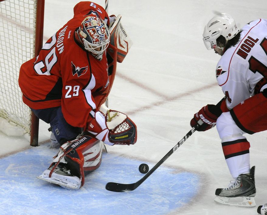 Washington Capitals' goalie Tomas Vokoun (29) blocks a shot by Carolina Hurricanes' Andreas Nodl during the second period of their NHL game, Sunday, Jan. 15, 2012, in Washington. The Capitals defeated the Hurricanes 2-1. (AP Photo/Richard Lipski)