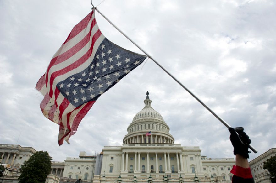 Rit Picone of New Paltz, NY, (left) waves his upside down U.S. flag, during an Occupy protest in Washington, D.C. (Rod Lamkey Jr/ The Washington Times)