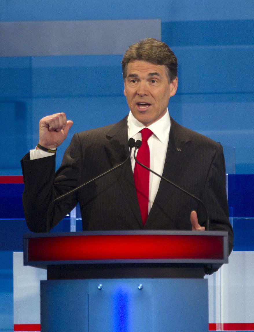 Texas Gov. Rick Perry speaks Jan. 16, 2012, during the South Carolina Republican presidential candidate debate in Myrtle Beach, S.C. (Associated Press)