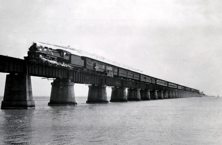 Henry Flagler's Florida Keys Over-Sea Railroad train rolls on the Seven Mile Bridge near Marathon, Fla. The centennial anniversary of the first train's arrival into Key West and the completion of the Over-Sea Railroad project will be marked on Jan. 22, 2012. (Associated Press)