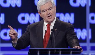 Republican presidential candidate and former House Speaker Newt Gingrich reacts Jan. 19, 2012, to a question at the start of the Republican presidential candidate debate at the North Charleston Coliseum in Charleston, S.C. (Associated Press)