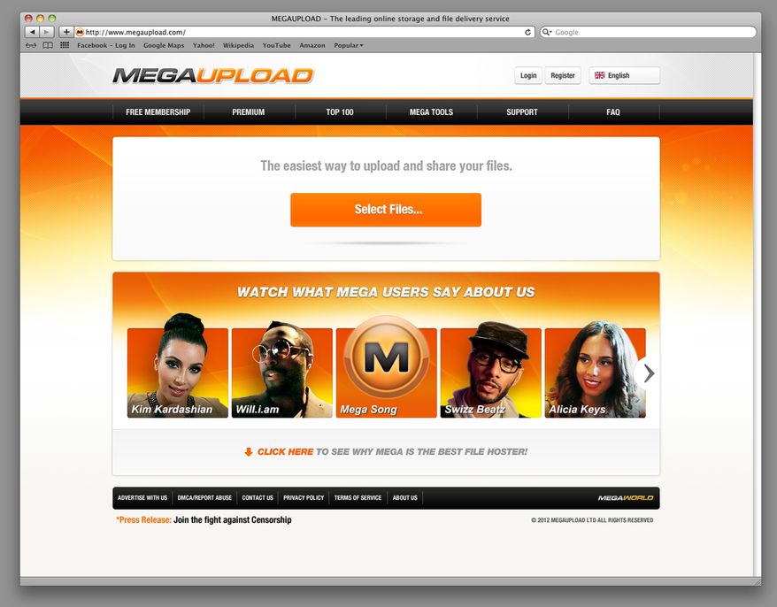 This undated image obtained by the Associated Press shows the homepage of the website Megaupload.com, one of the world's largest file-sharing sites. Federal prosecutors in Virginia have shut down the site and charged its founder and others with violating piracy laws. (Associated Press)