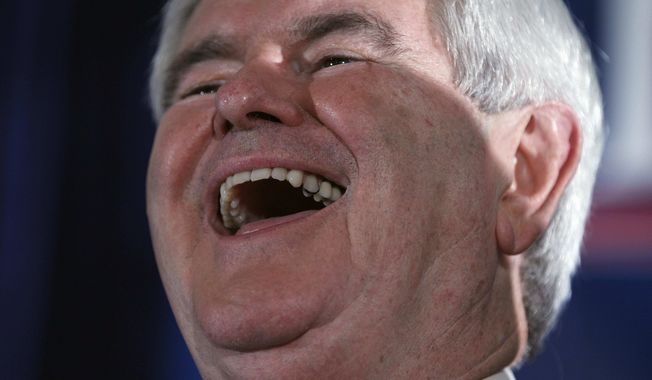 Former House Speaker Newt Gingrich, who won the South Carolina Republican presidential primary, laughs while speaking during a victory party on Saturday, Jan. 21, 2012, in Columbia, S.C. (AP Photo/Matt Rourke)