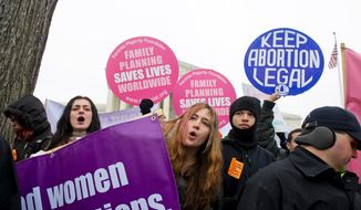 **FILE** Pro-choice advocates, including (from left), Yasemin Ayarci of Levittown, Penn., Emma Studnick of New York, N.Y., and Michael Patterson of Anchorage, Alaska, chant pro-choice slogans Jan. 23, 2012, in front of the U.S. Supreme Court. (Barbara L. Salisbury/The Washington Times)