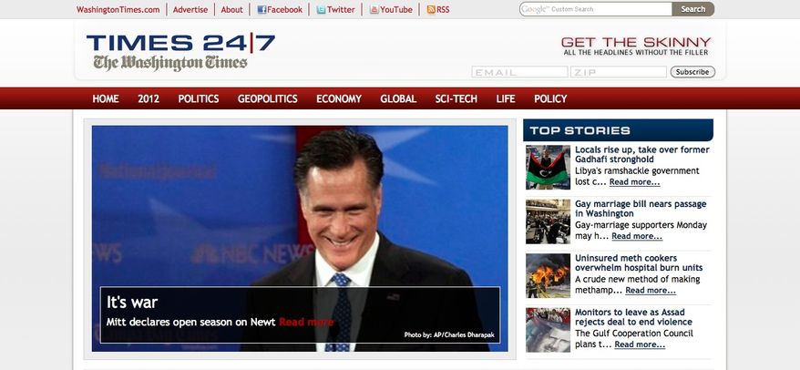 This screen shot shows The Washington Times' new digital news site, Times247.com.