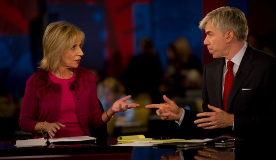 NBC&#39;s Dave Gregory (right) and Andrea Mitchell chat in the spin room during the Republican Candidates Debate at the University of South Florida in Tampa, Fla., Monday, Jan. 23, 2012. (Rod Lamkey Jr./The Washington Times) ** FILE **

