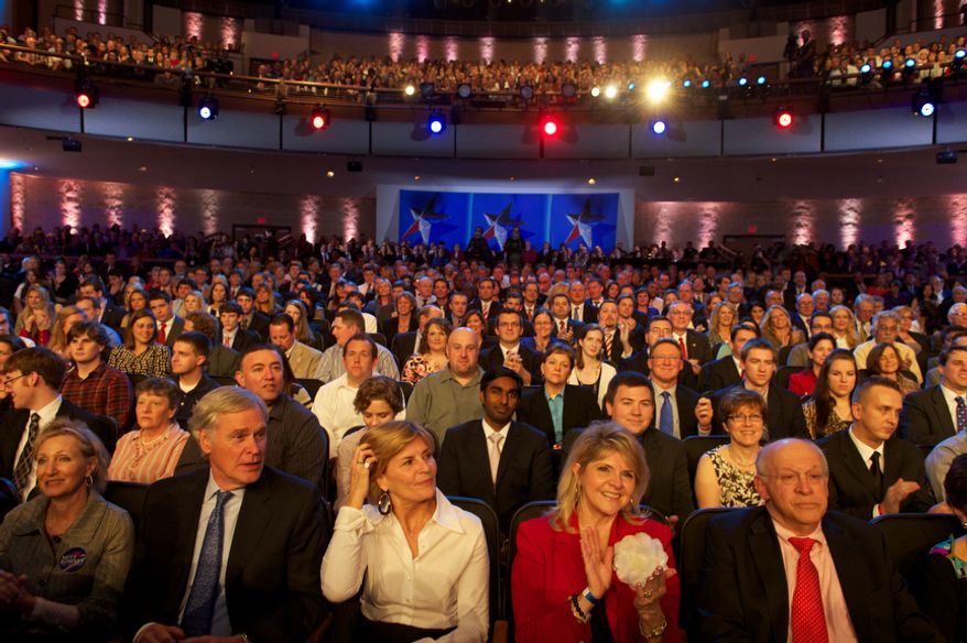 The crowd applauds as they wait for the arrival of the Republican presidential candidates for the Florida Republican Presidential Debate at the University of North Florida in Jacksonville, Fla., Thursday, January 26, 2012. This is the second and final debate before the Florida Republican primary on Tuesday, January 31, 2012. (Rod Lamkey Jr/ The Washington Times)