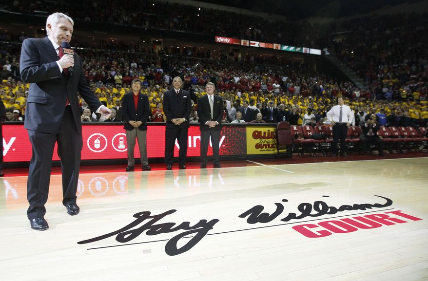 Former Maryland head coach Gary Williams speaks during a ceremony to dedicate the court in his name before the game between Maryland and Duke in College Park, Md., Wednesday, Jan. 25, 2012. Williams, who retired in May with more wins than anyone in the history of the program, led Maryland to two Final Fours and a national title in 2002. (AP Photo/Patrick Semansky)