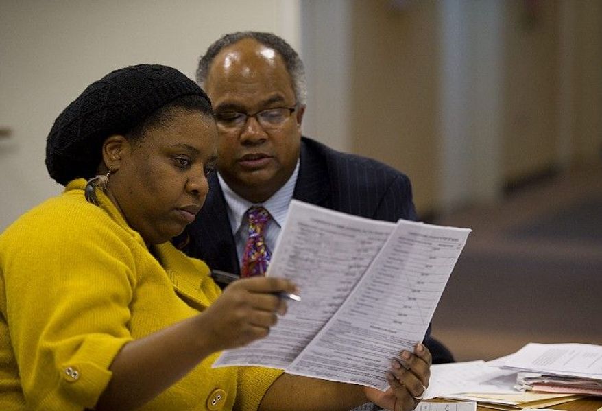 Ward 7 resident Dawn Matthews and assistant Kemry Hughes look over what they consider to be suspect signatures on a petition to add Ms. Alexander's name to the ballot for the ward's primary election. Ms. Matthews is asking the elections board to keep Ms. Alexander's name off the ballot.